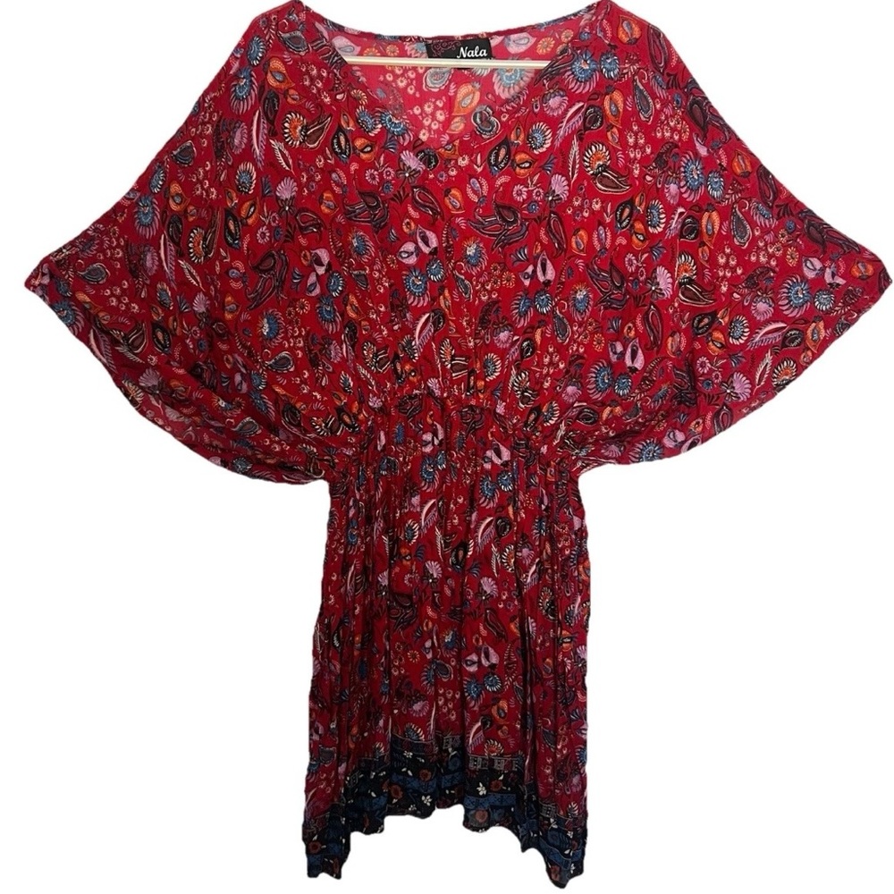 Nala Short Dress L Red Paisley Ruffle Kimono Bell Sleeves Boho Fairy